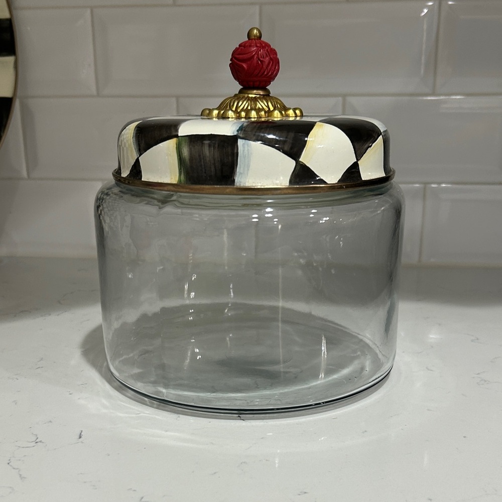 MacKenzie-Childs Black and White Checkered Glass Jar with Red and Gold Accent